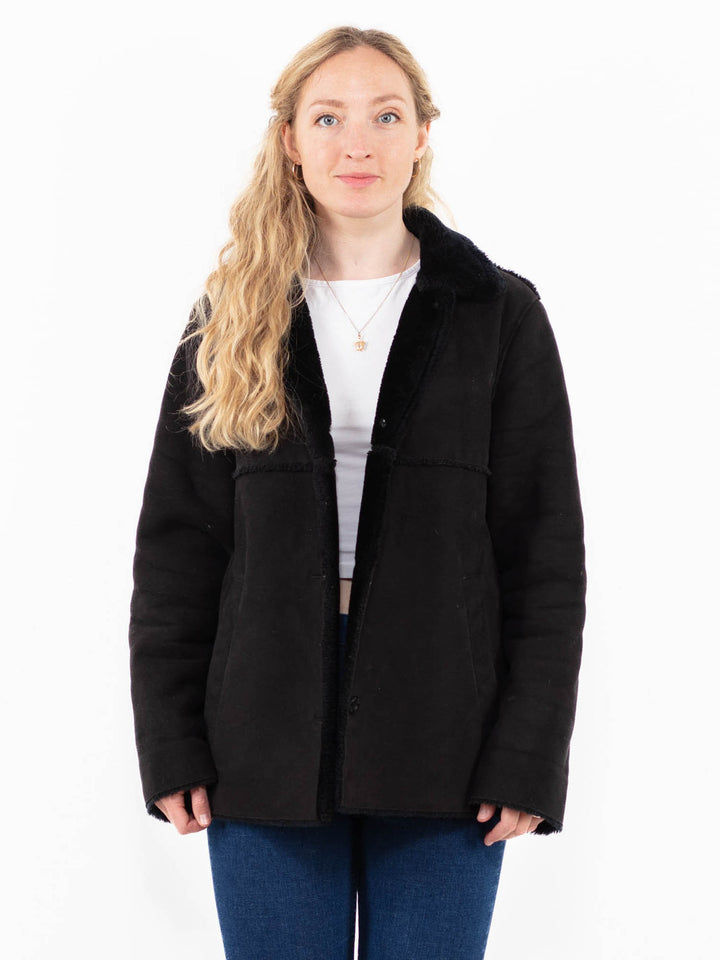 Vintage 90's Women Faux Sheepskin Jacket in Black