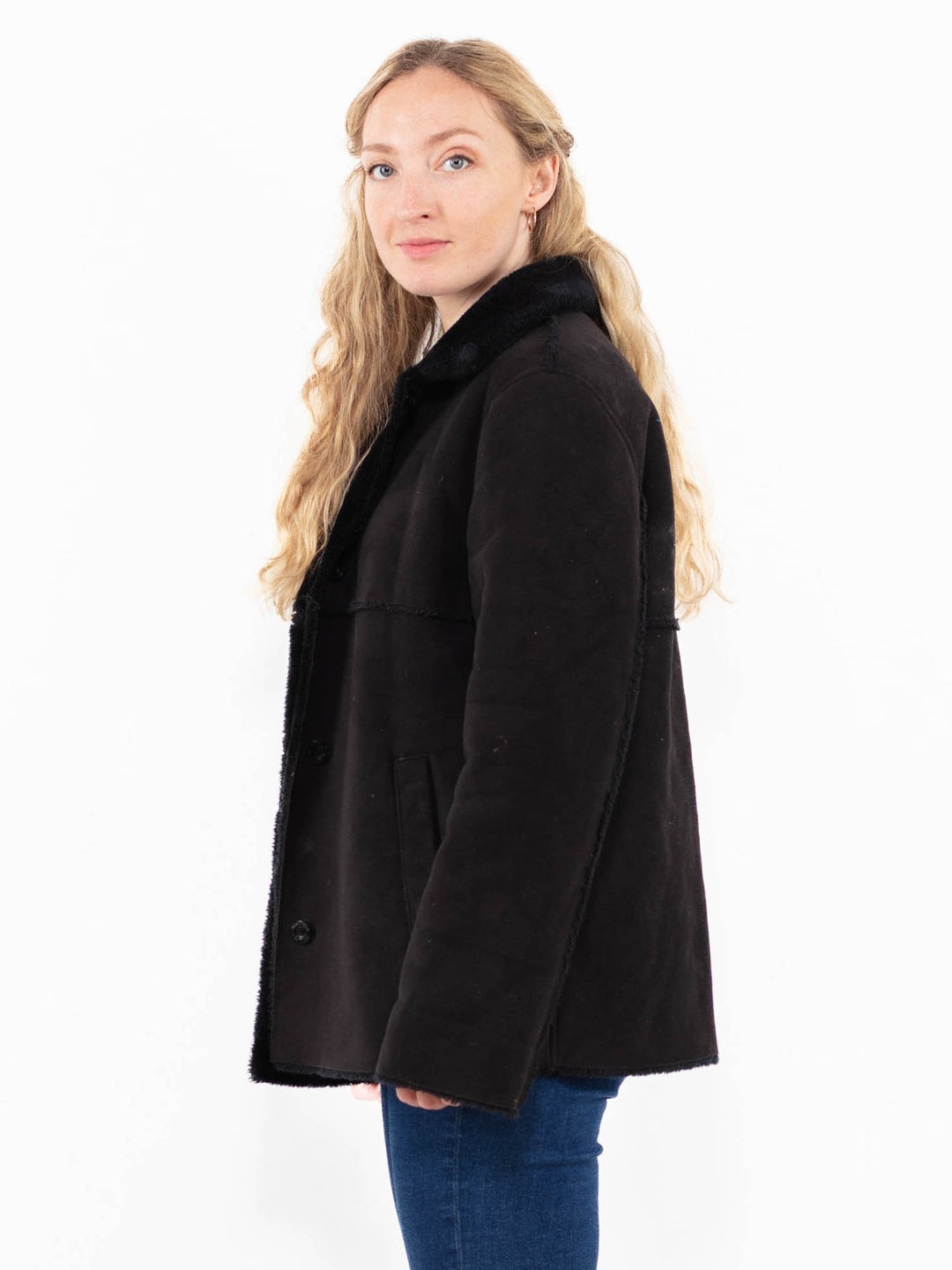 Vintage 90's Women Faux Sheepskin Jacket in Black