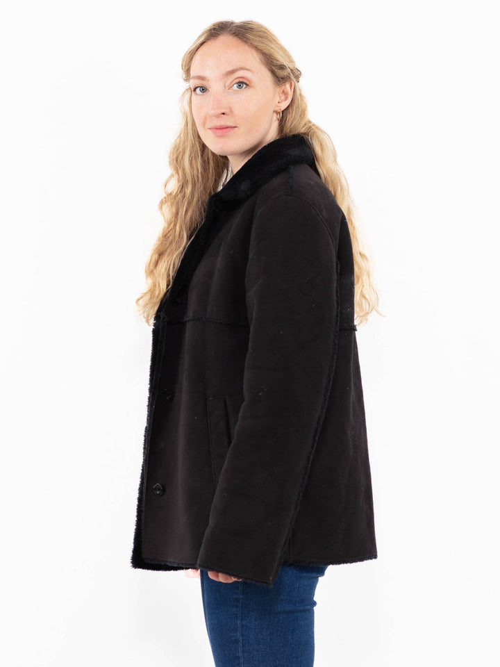 Vintage 90's Women Faux Sheepskin Jacket in Black