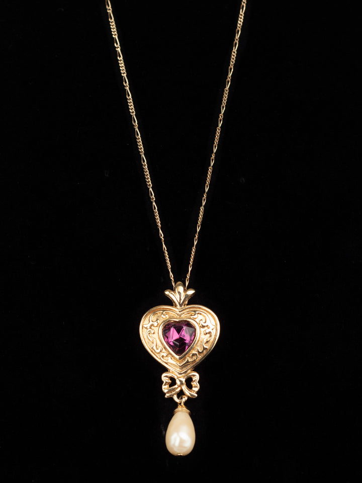 Vintage 80s Heart Pendant Necklace with Purple Glass Stone and Faux Pearl Drop
