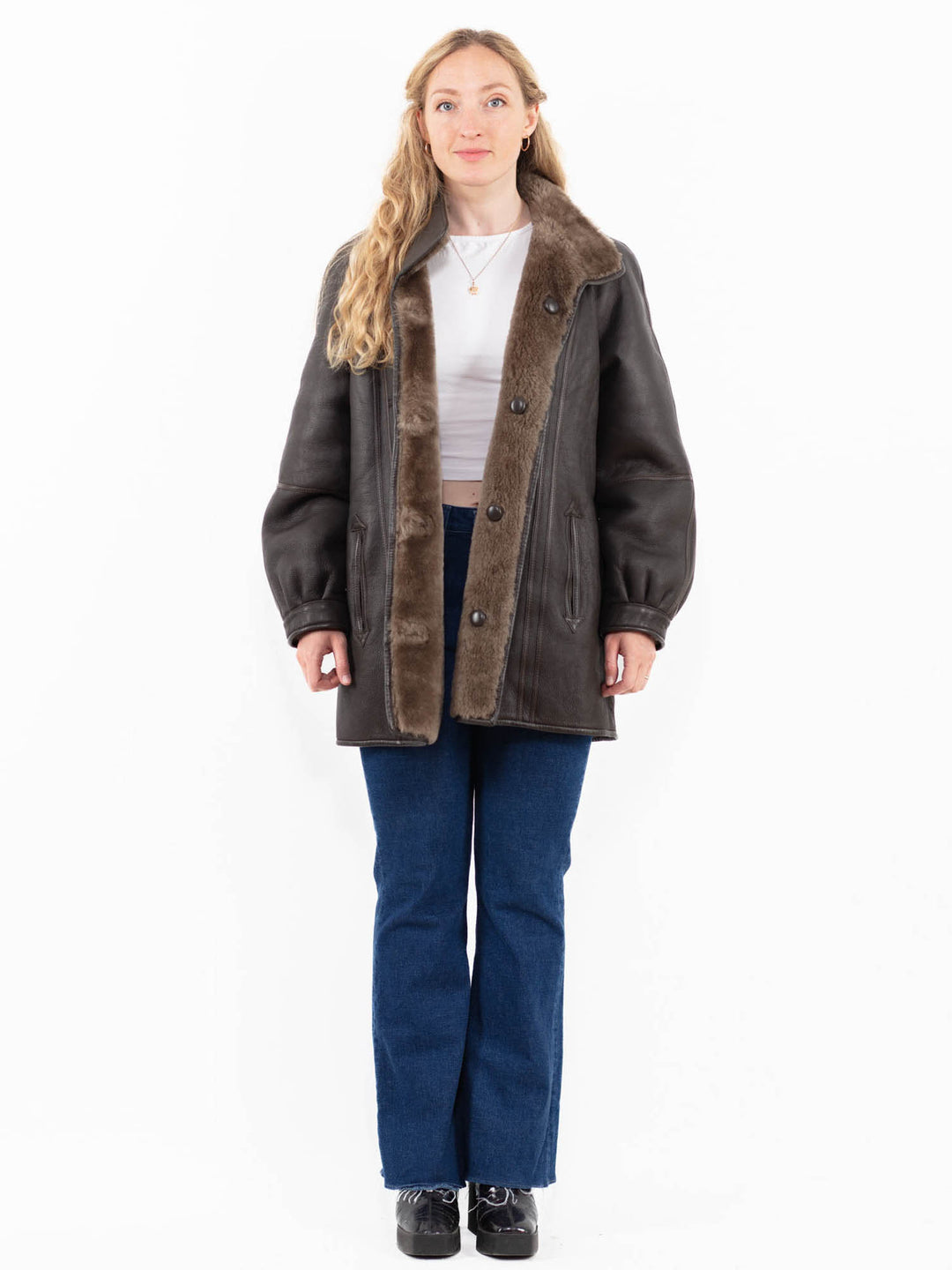 Vintage 90's Women Reversible Sheepskin Coat in Brown