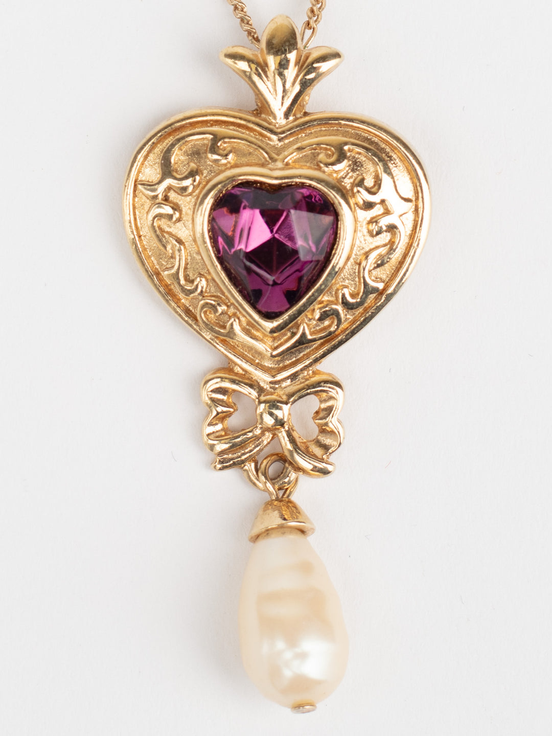 Vintage 80s Heart Pendant Necklace with Purple Glass Stone and Faux Pearl Drop