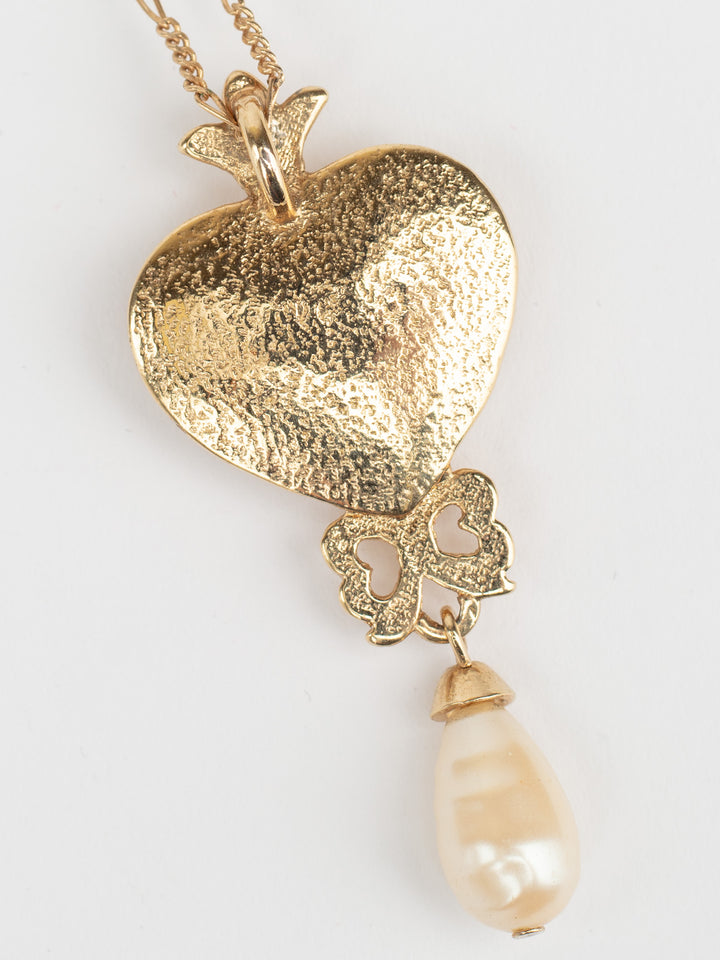 Vintage 80s Heart Pendant Necklace with Purple Glass Stone and Faux Pearl Drop