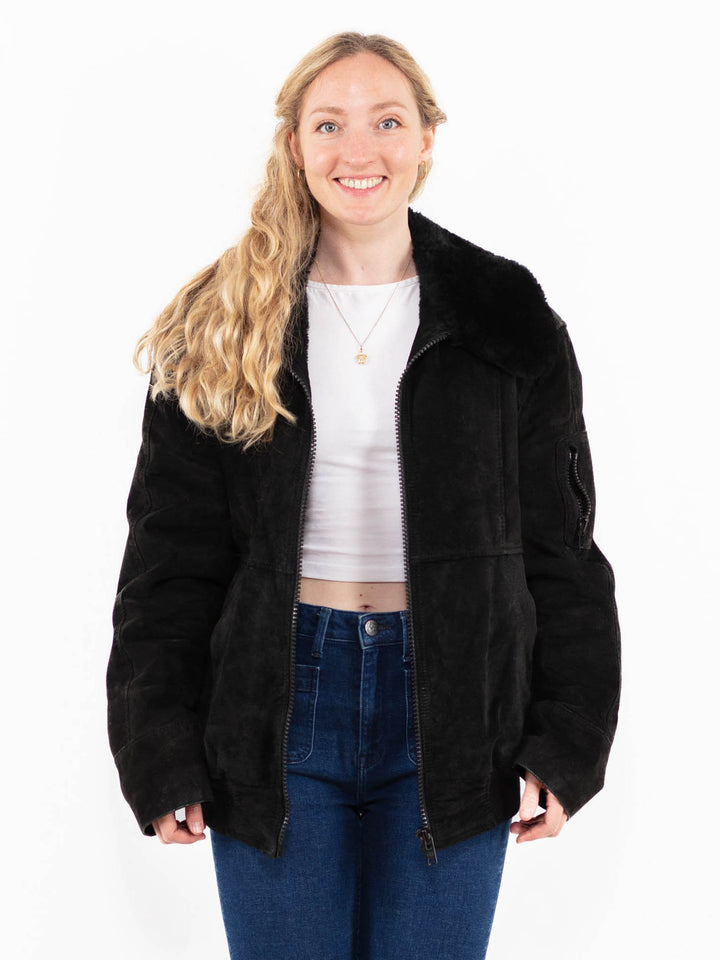 Vintage 90's Women Suede Sherpa Jacket in Black