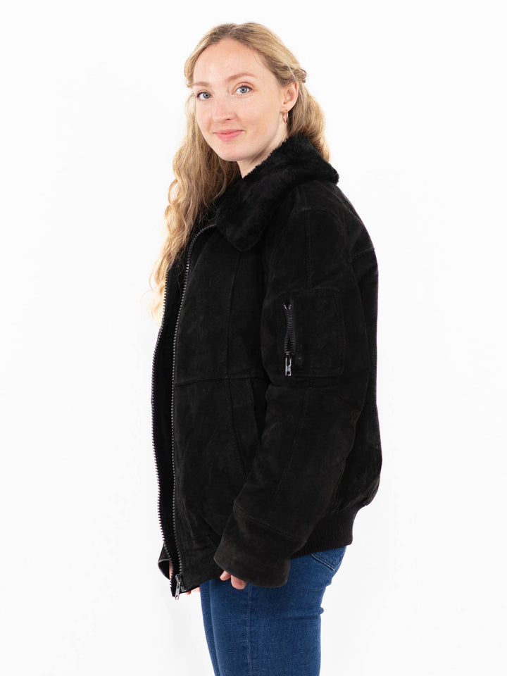 Vintage 90's Women Suede Sherpa Jacket in Black