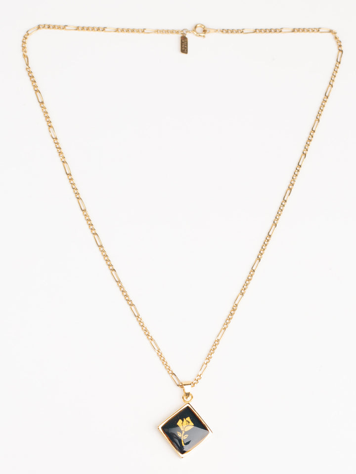 Vintage 80s Gold-Plated Pendant Necklace with Black Enamel Rose