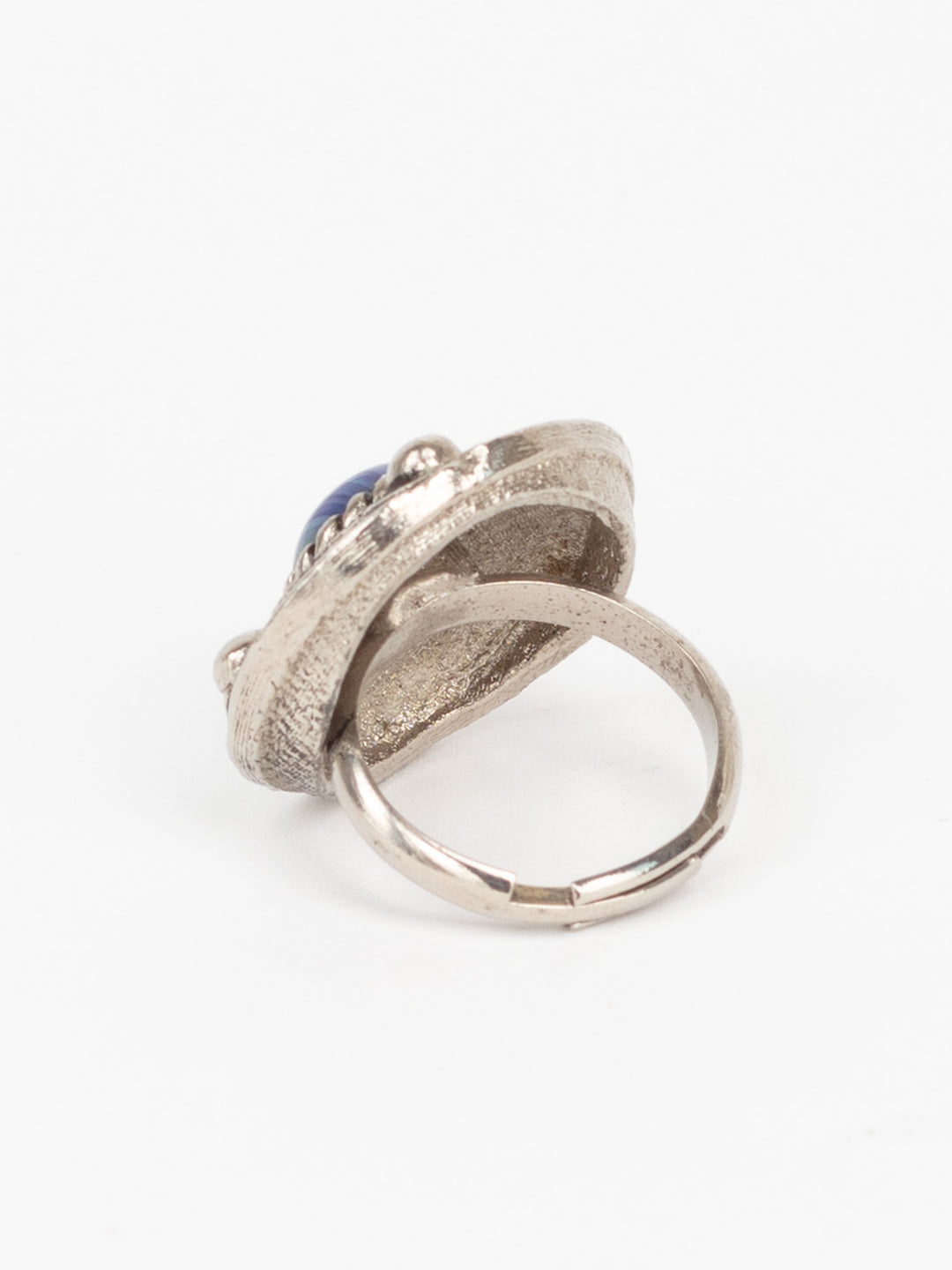 Vintage 70s Silver-Tone Adjustable Ring with Blue Swirled Glass Cabochon