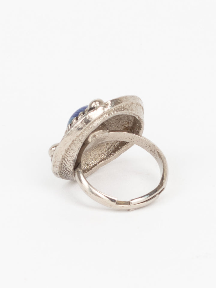 Vintage 70s Silver-Tone Adjustable Ring with Blue Swirled Glass Cabochon
