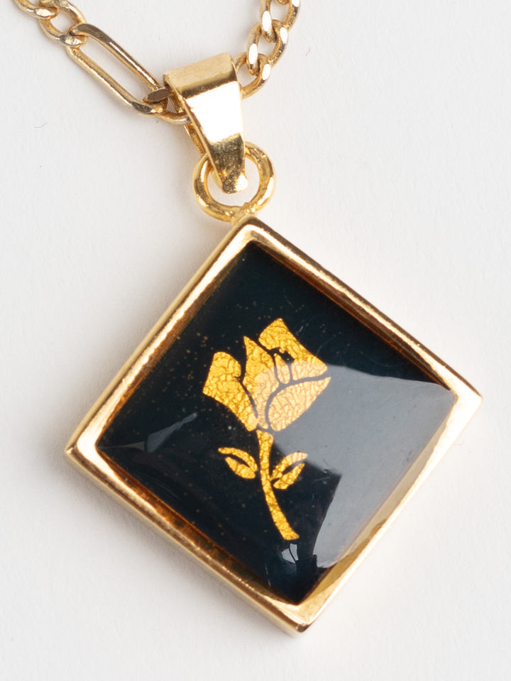 Vintage 80s Gold-Plated Pendant Necklace with Black Enamel Rose