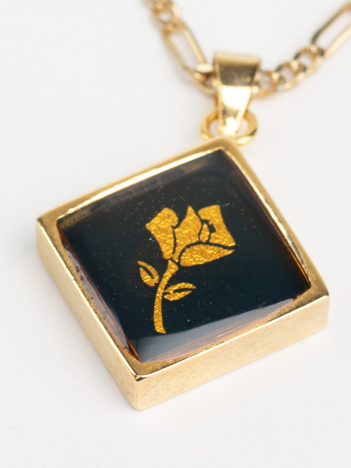 Vintage 80s Gold-Plated Pendant Necklace with Black Enamel Rose