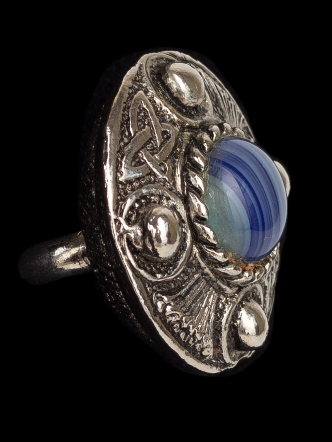 Vintage 70s Silver-Tone Adjustable Ring with Blue Swirled Glass Cabochon