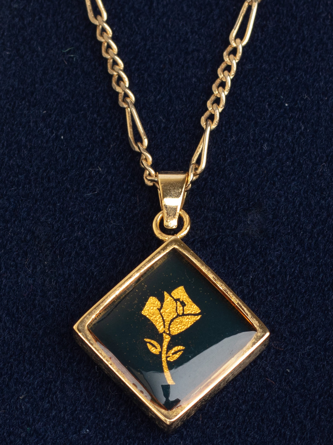 Vintage 80s Gold-Plated Pendant Necklace with Black Enamel Rose