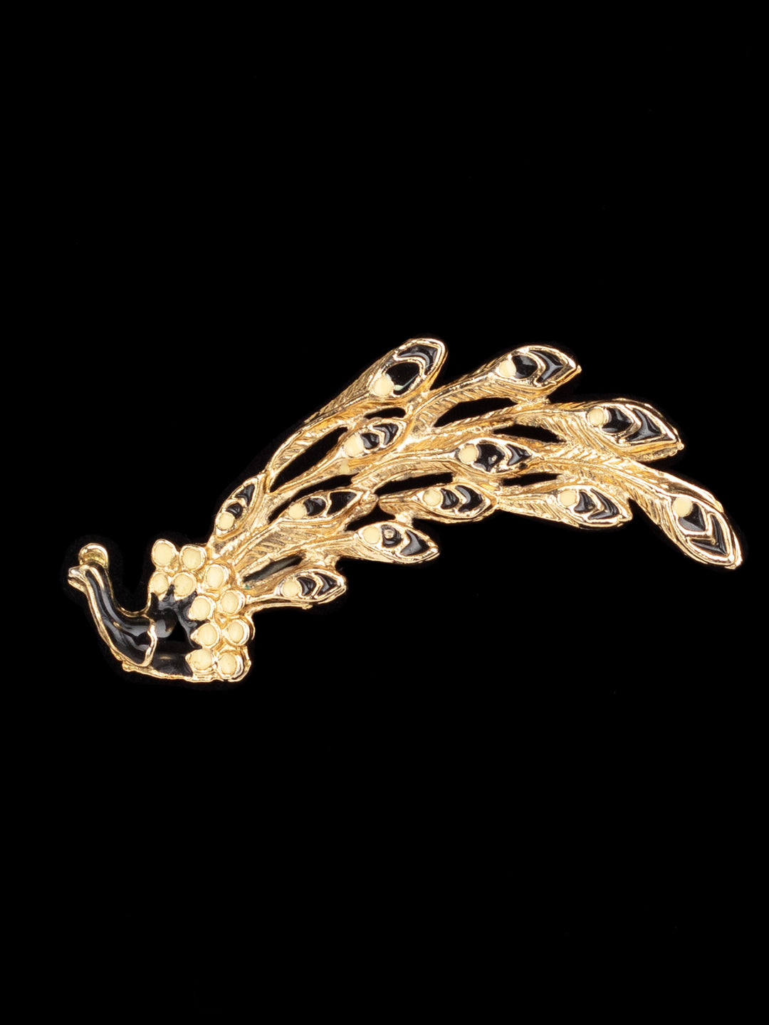 Vintage 80s Peacock Feather Brooch with Black and Cream Enamel