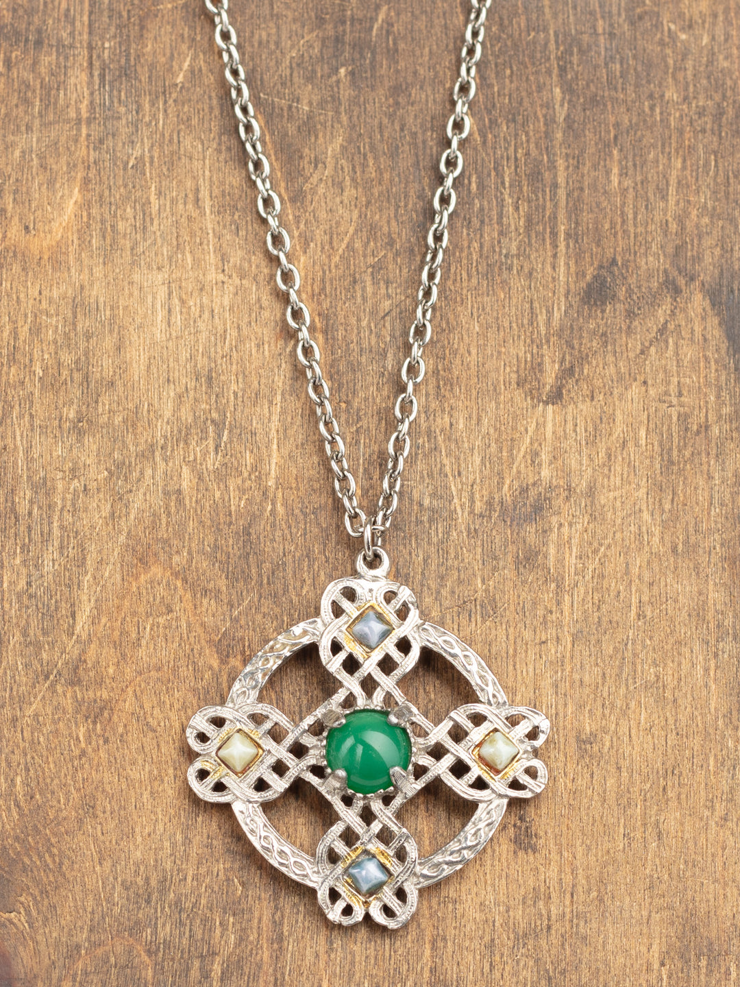 Vintage 70s Man’s Celtic Style Pendant Necklace with Green Cabochon