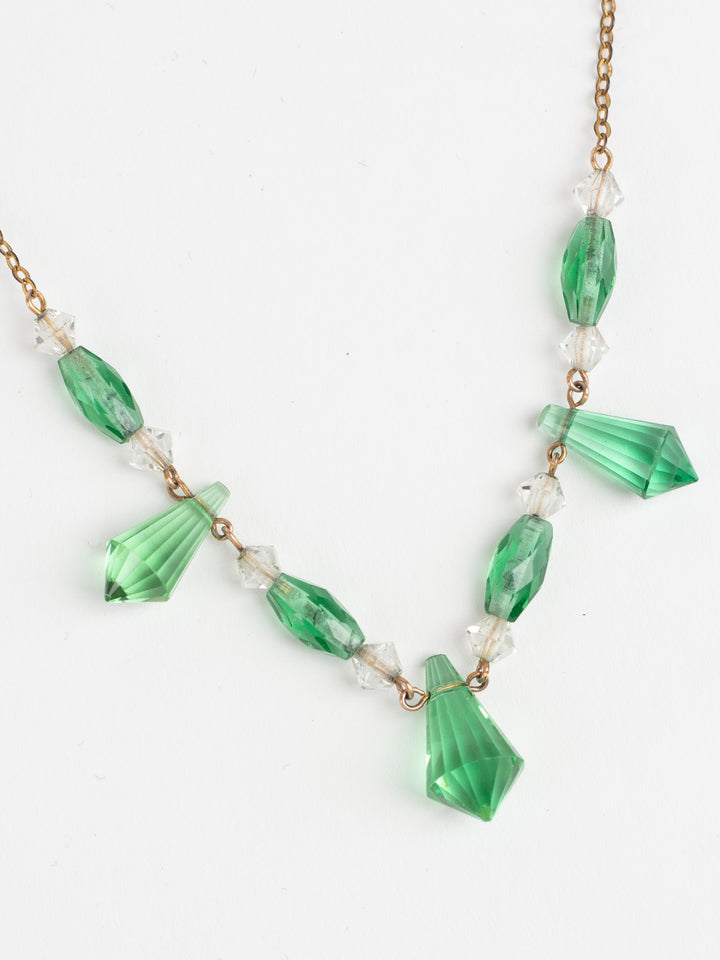 Vintage Art Deco Green Glass Bead Necklace