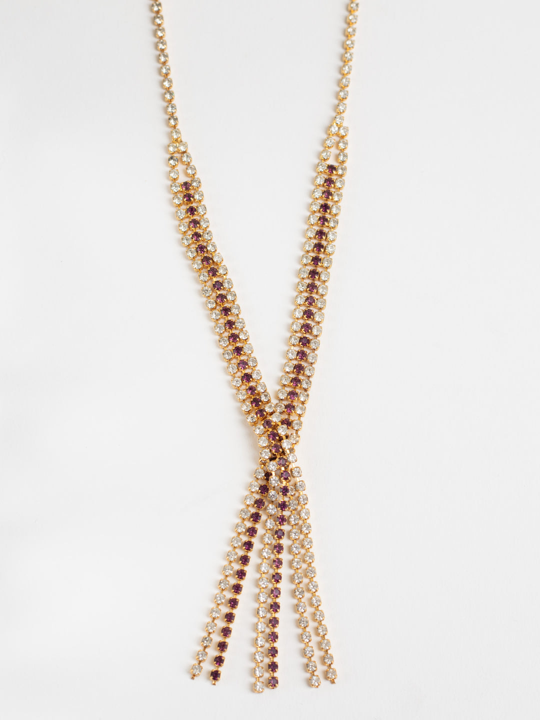 Vintage 80s Gold-Tone Crystal Y Necklace with Purple and Clear Rhinestones
