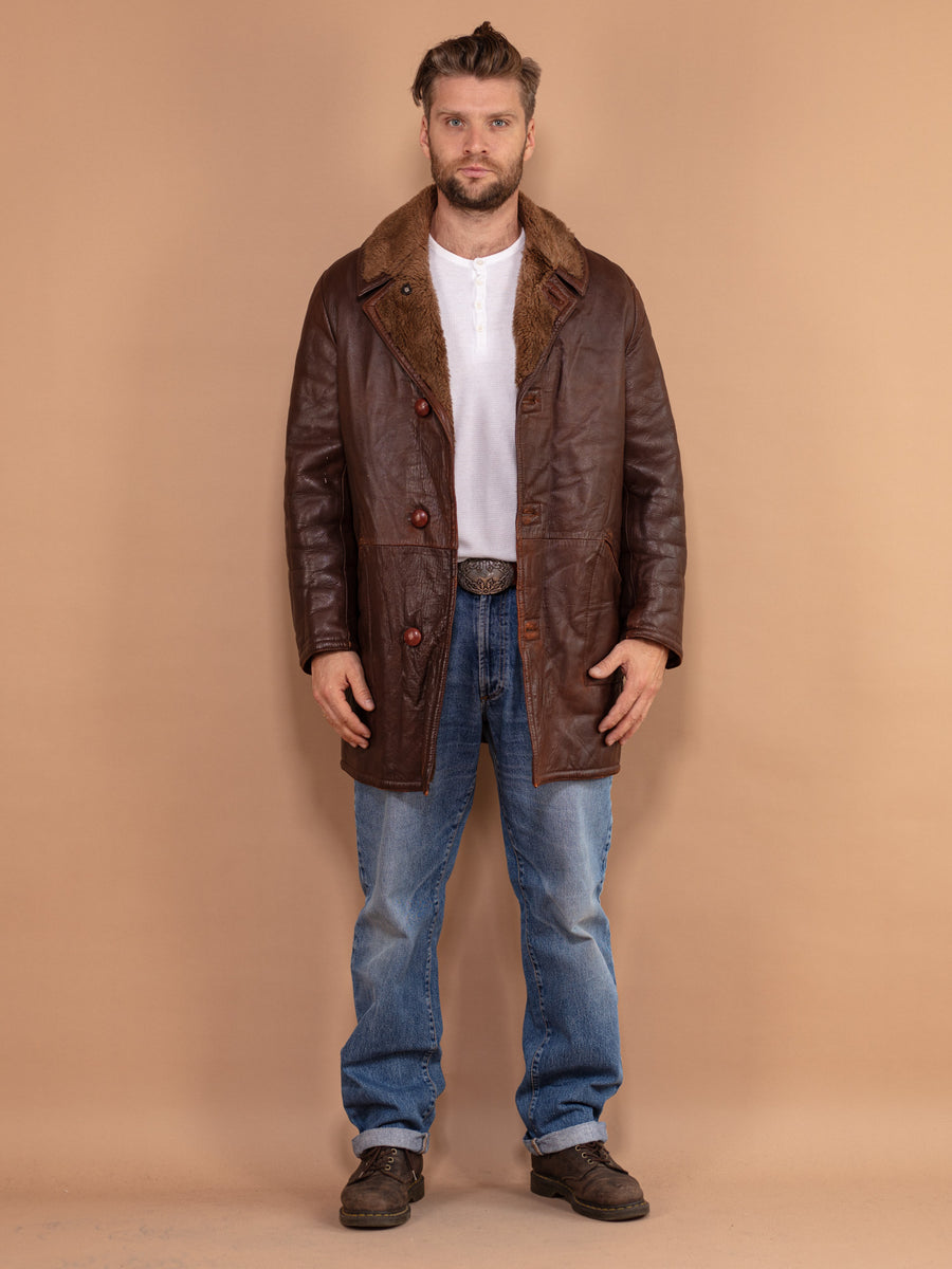 Vintage 70's Men Leather Sherpa Coat in Brown