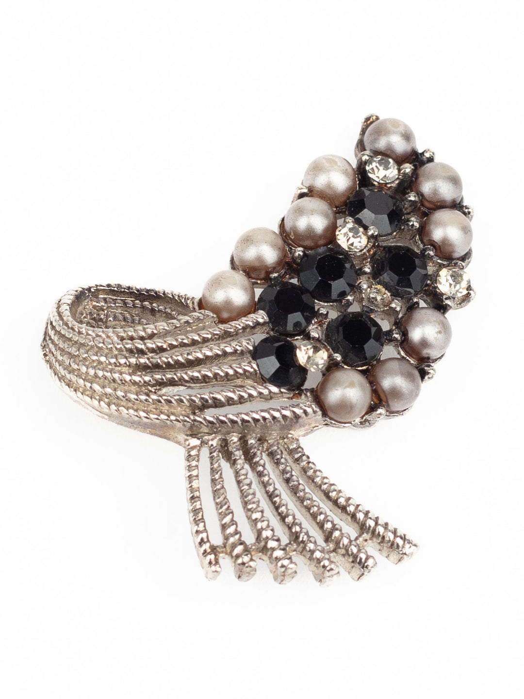 Vintage 50s Silver-Tone Bow Brooch with Faux Pearls and Black Rhinestones
