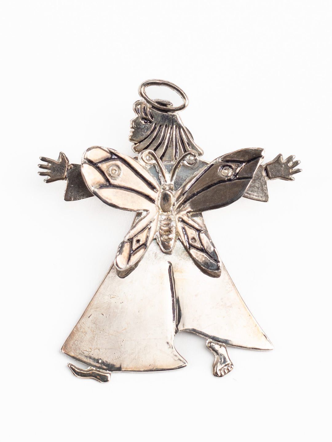 Vintage 1997 Angel Butterfly Brooch by Emilia Castillo, Silver Tone Whimsical Figural Pin, Made in China, Signed Artist Jewelry
