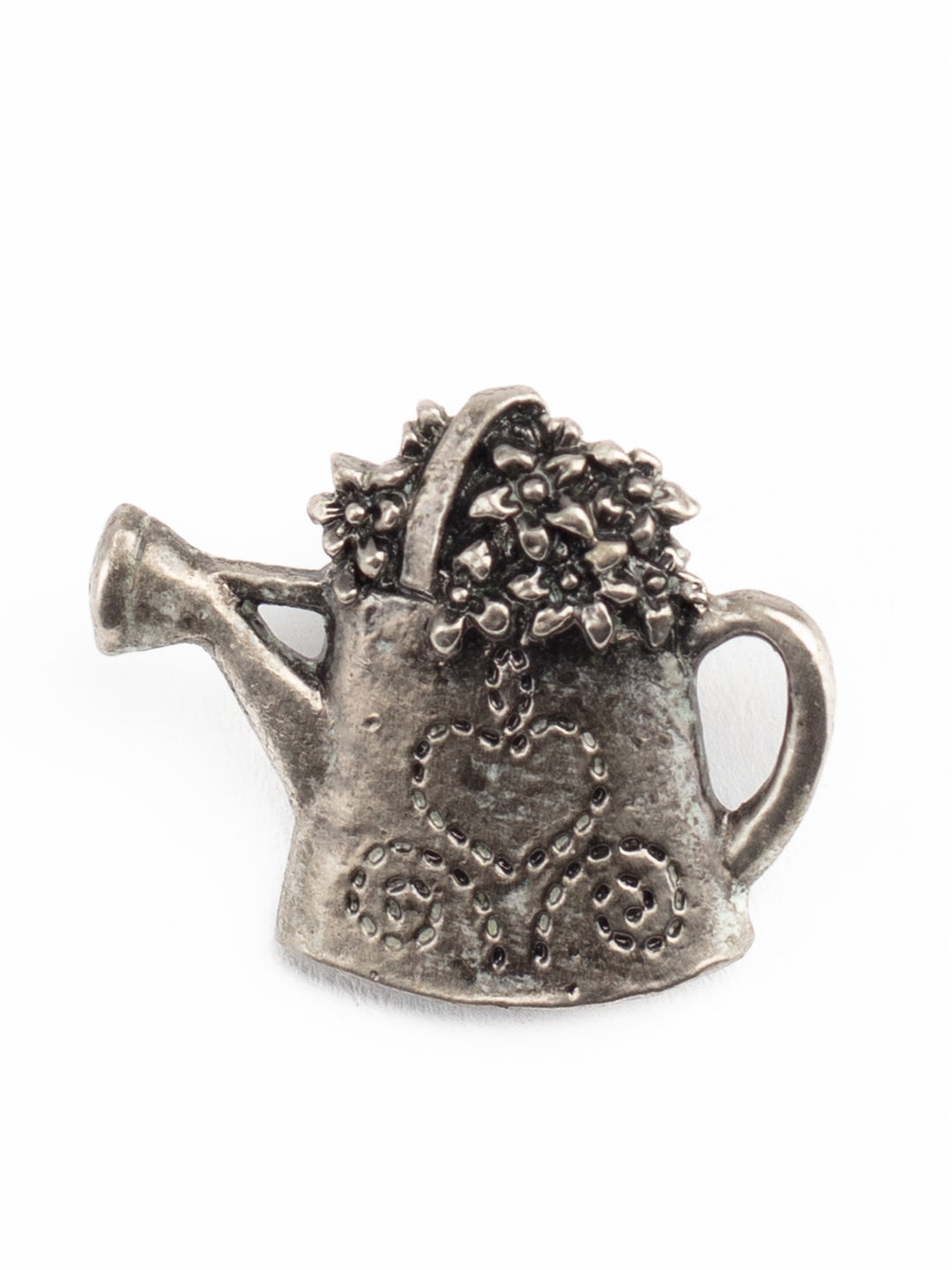 Vintage 90s Pewter Watering Can Brooch with Flowers and Heart Detail