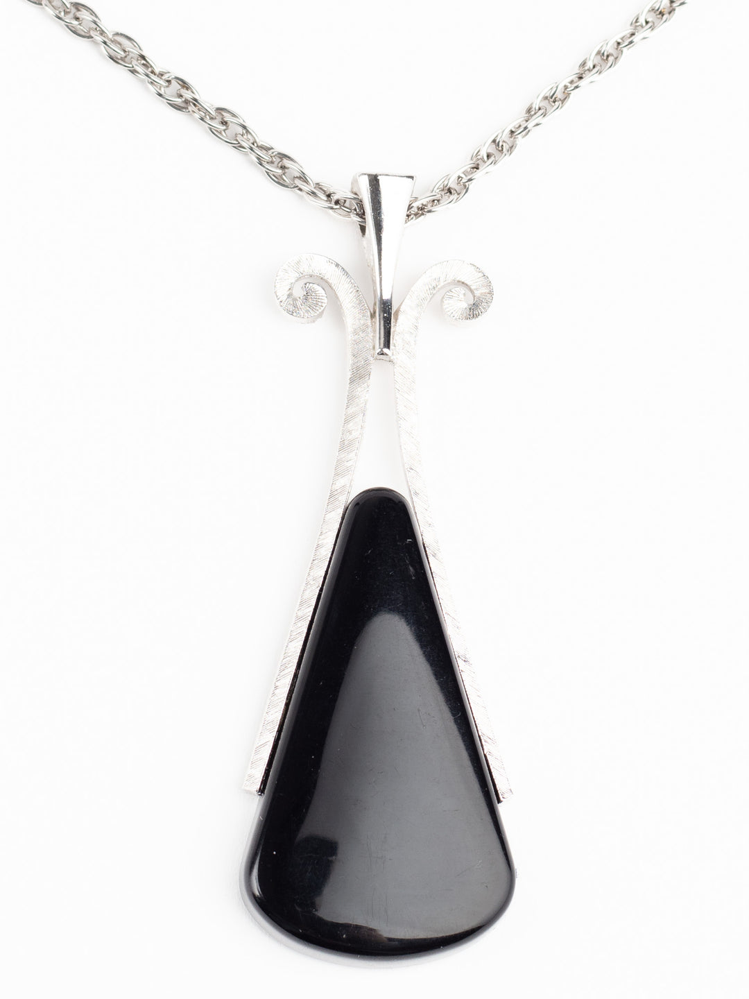 Vintage 70s AVON Silver-Tone Pendant Necklace with Black Teardrop Drop