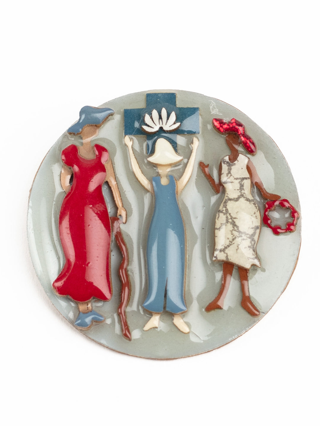 Vintage 90s Lucinda Brooch with Women and Cross – Handcrafted Folk Art Pin
