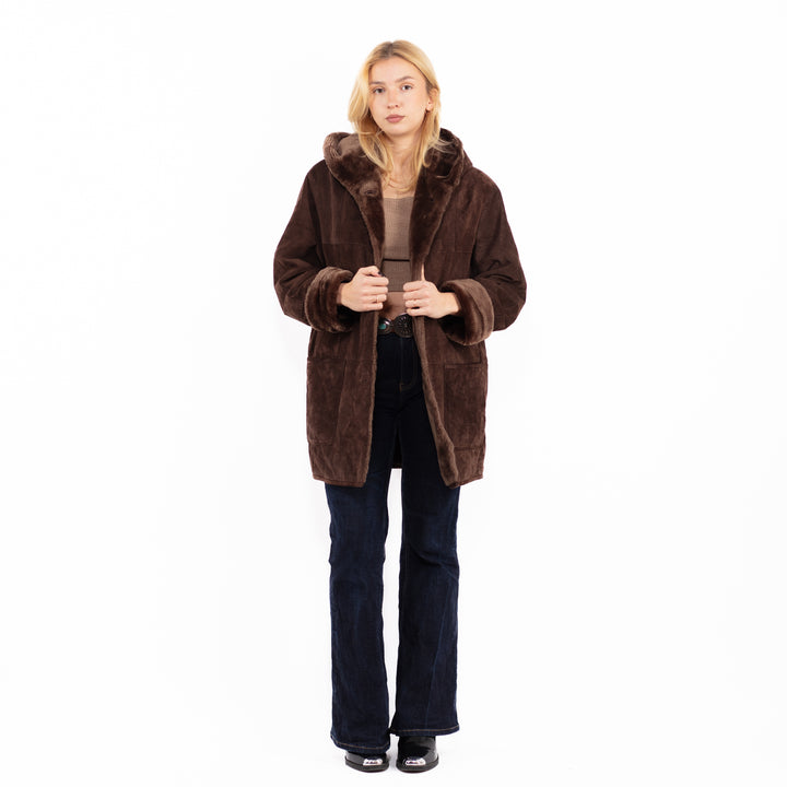Vintage 90's Women Hooded Suede Sherpa Coat in Brown