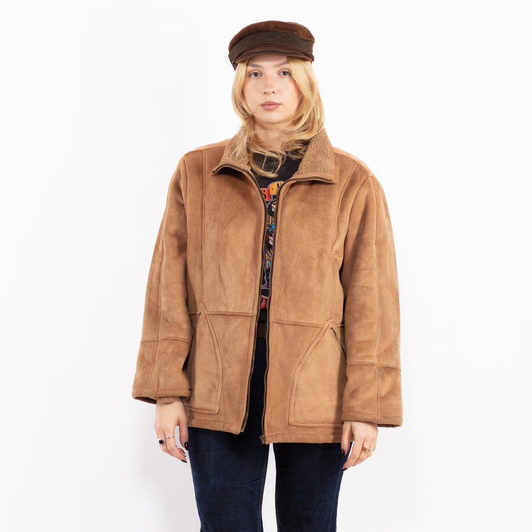 Vintage 90's Women Faux Sheepskin Jacket in Beige
