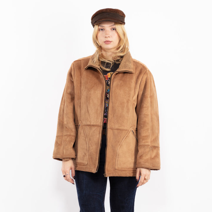 Vintage 90's Women Faux Sheepskin Jacket in Beige