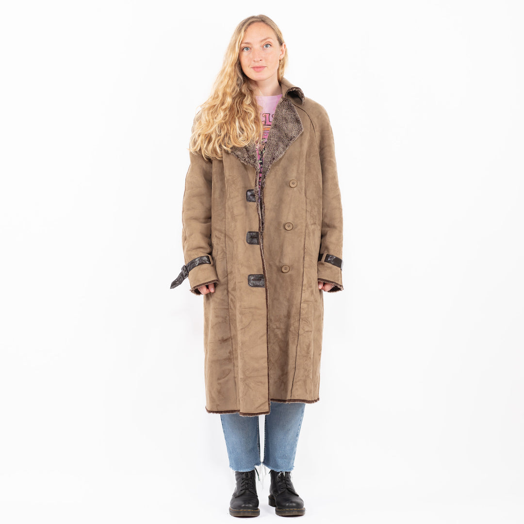 Vintage 90's Women Faux Sheepskin Coat in BeigeA0495