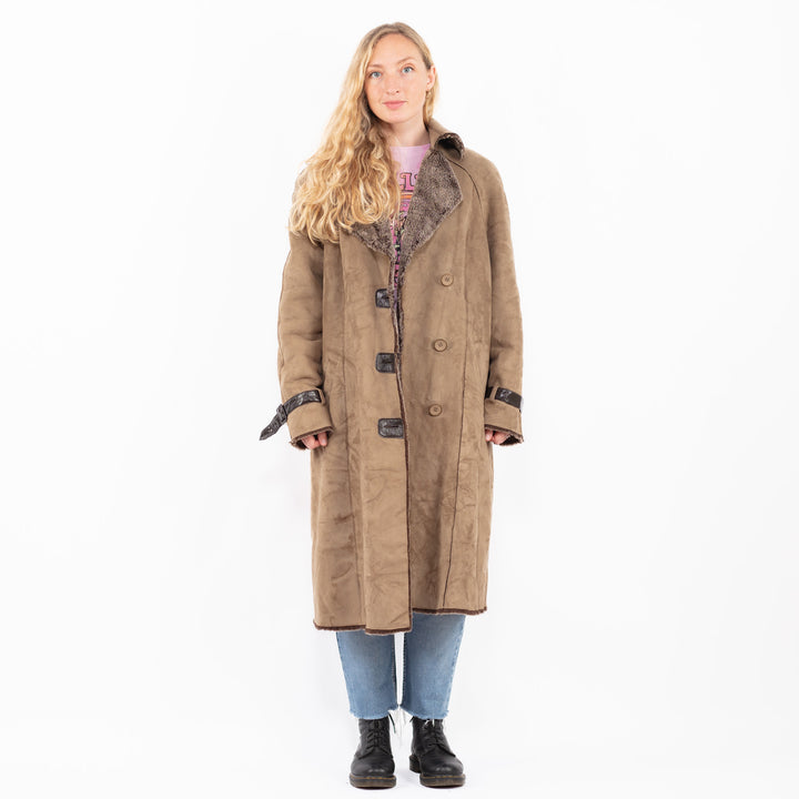 Vintage 90's Women Faux Sheepskin Coat in BeigeA0495