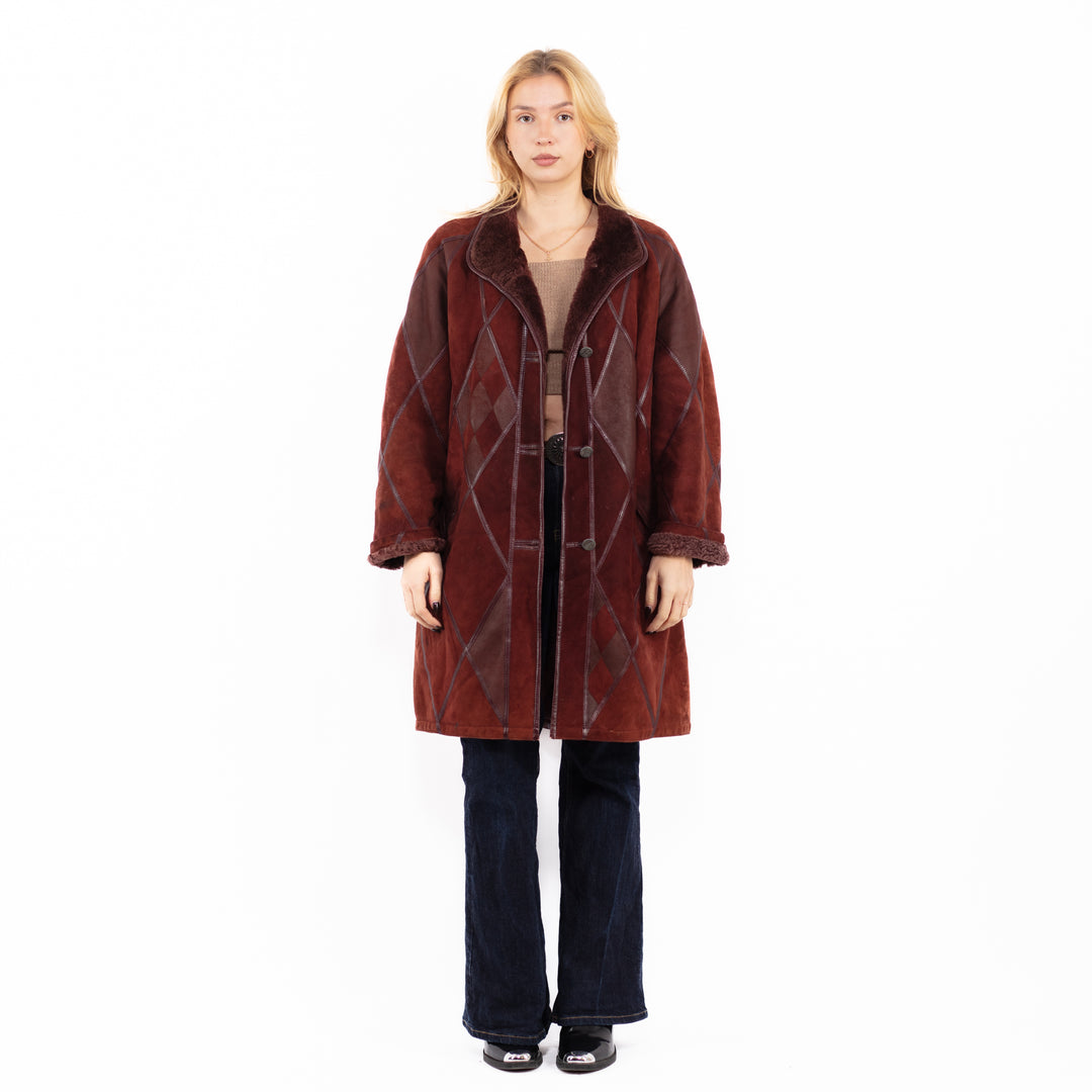 Vintage 80's Women Sheepskin Coat in Burgundy Brown