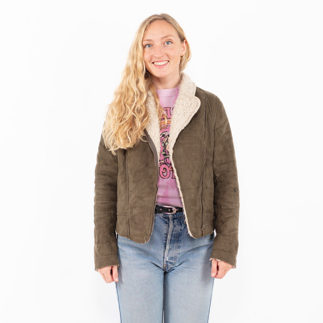 Vintage 90's Women Faux Sheepskin Jacket in GreenA0496