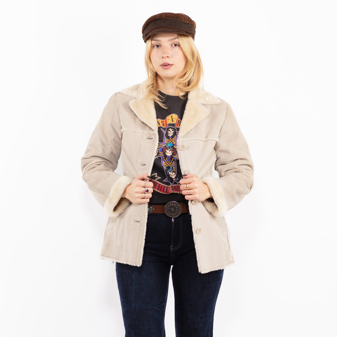 Vintage 90's Women Suede Sherpa Coat in Beige