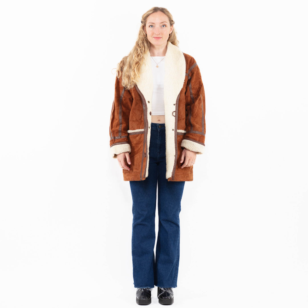 Vintage 90's Women Suede Sherpa Coat in Brown