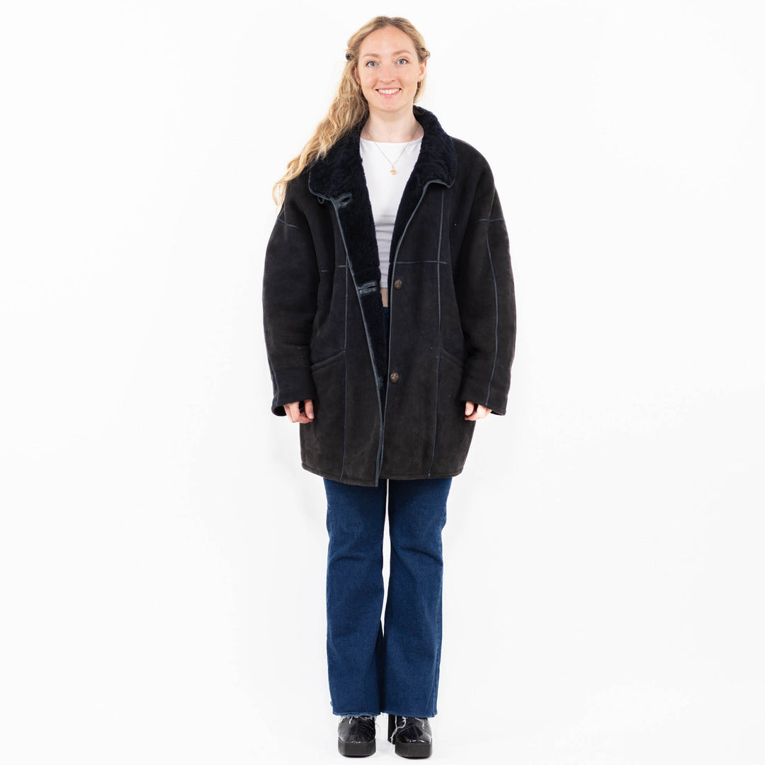 Vintage 80's Women Sheepskin Coat in Blue
