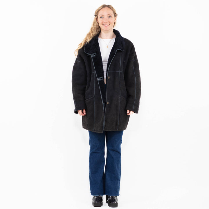 Vintage 80's Women Sheepskin Coat in Blue