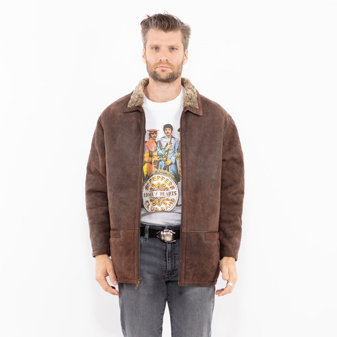 Vintage 90's Men Sheepskin Shearling Coat in BrownZ1914