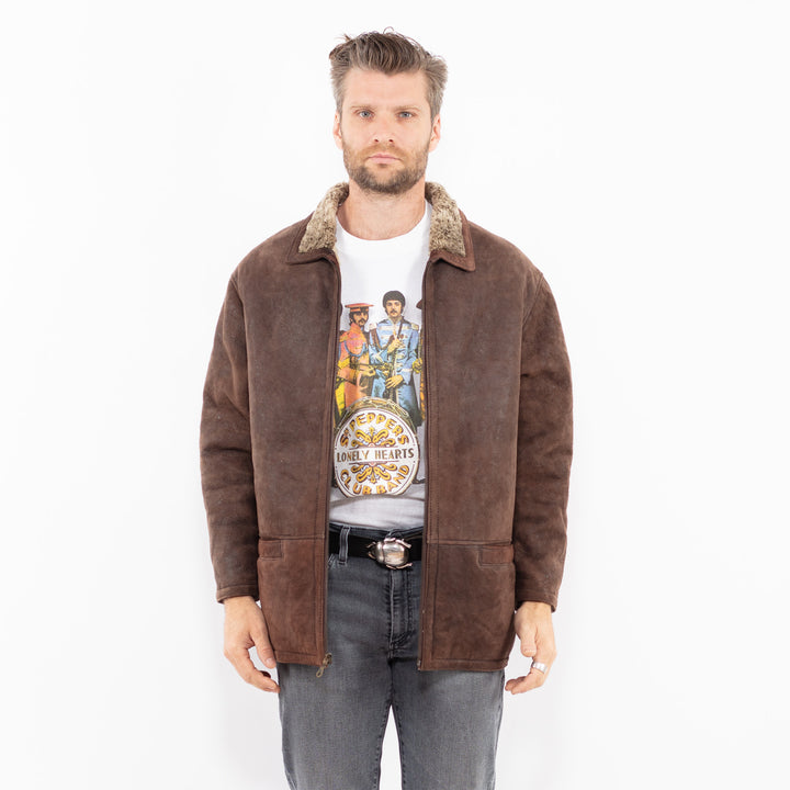 Vintage 90's Men Sheepskin Shearling Coat in BrownZ1914