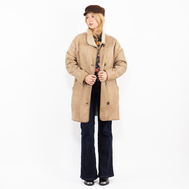 Vintage 90's Women Sheepskin Coat in Beige