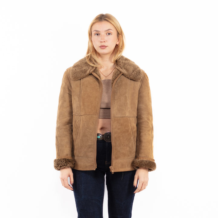 Vintage 90's Women Sheepskin Jacket in Sand Brown