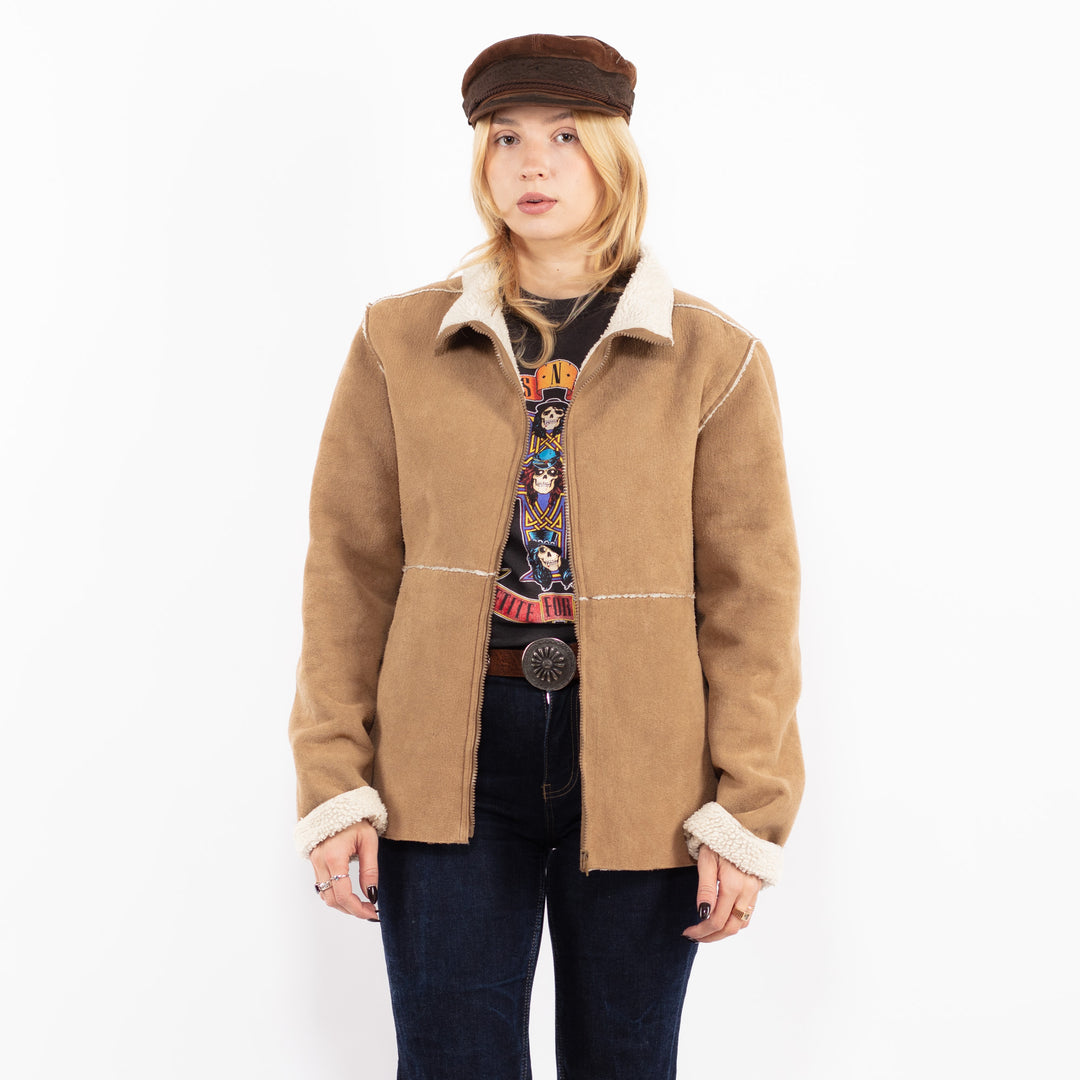 Vintage 90's Women Faux Sheepskin Jacket in Beige