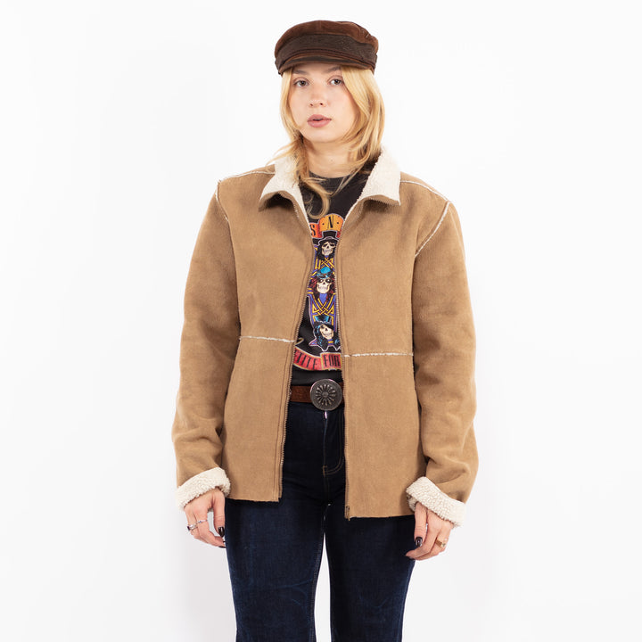 Vintage 90's Women Faux Sheepskin Jacket in Beige