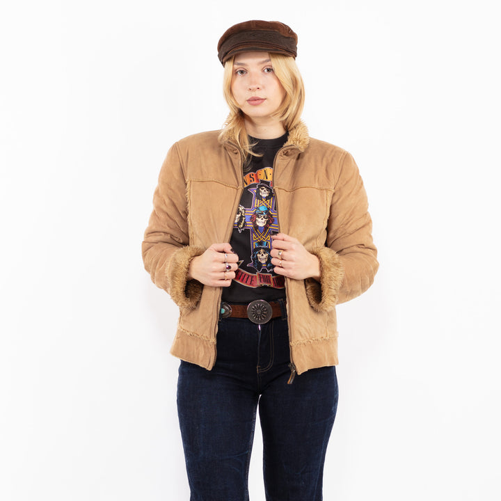 Vintage 90's Women Faux Sheepskin Jacket in Beige