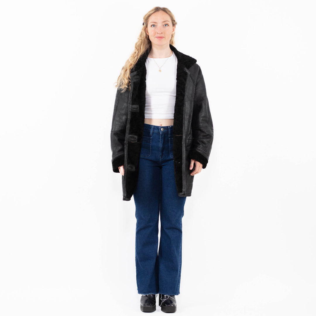 Vintage 90's Women Sheepskin Coat in Black