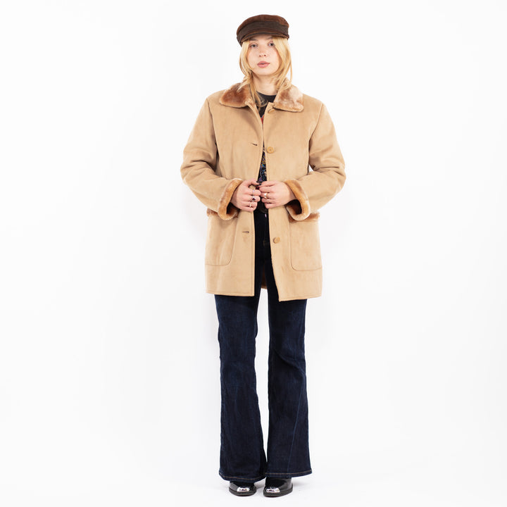Vintage 00's Women Faux Sheepskin Coat in Beige