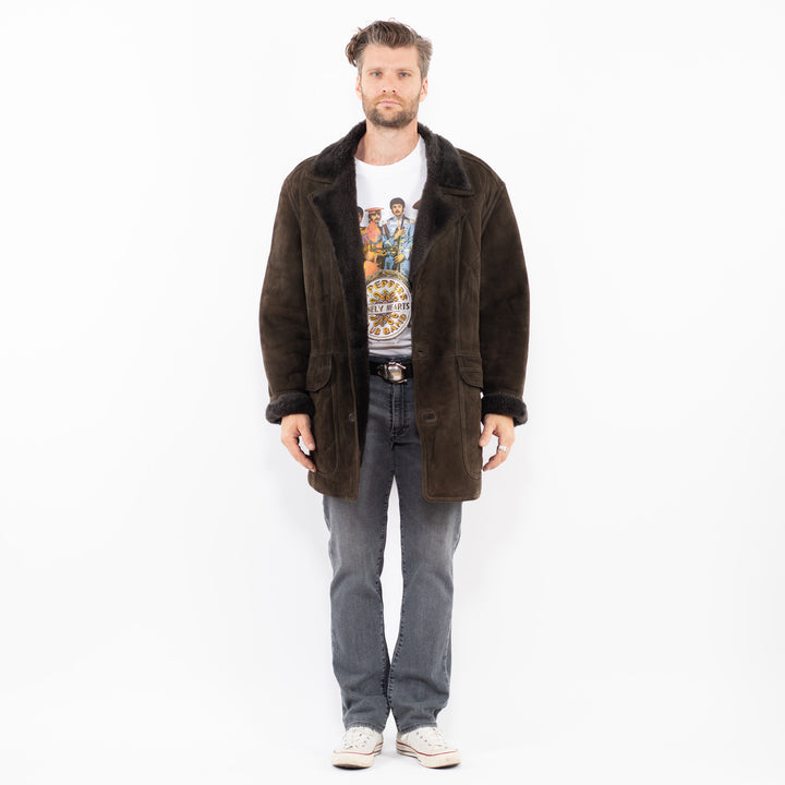 Vintage 80's Men Sheepskin Shearling Coat in BrownZ1921