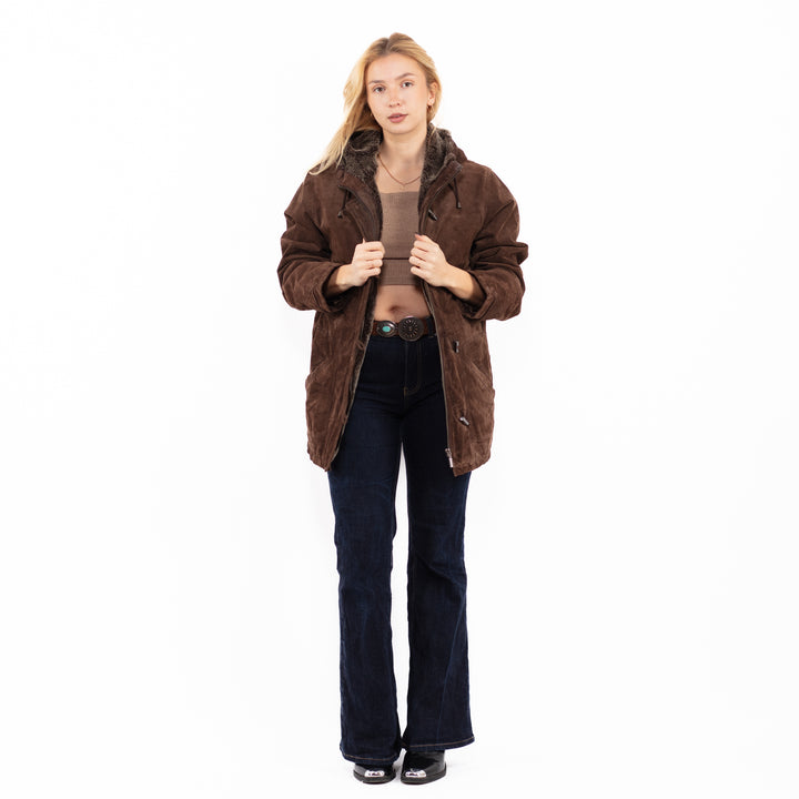 Vintage 90's Women Hooded Suede Sherpa Coat in Brown