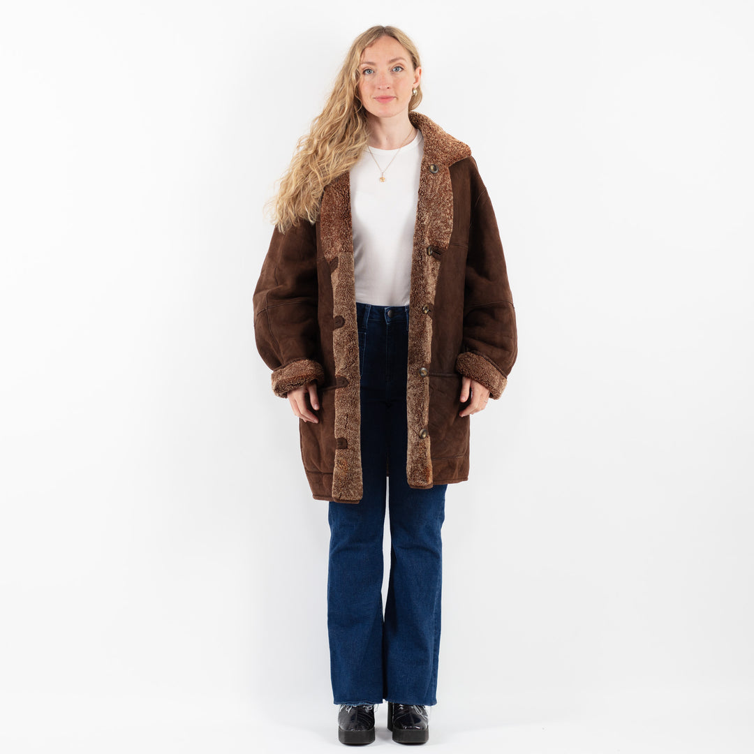 Vintage 80's Women Sheepskin Shearling Coat in BrownV9857