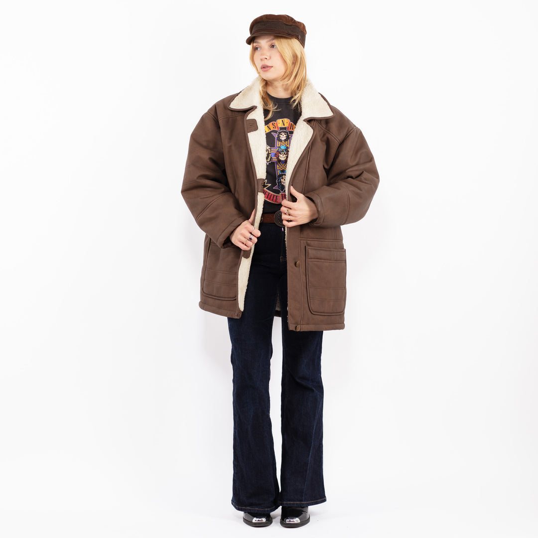 Vintage 90's Women Faux Sheepskin Coat in Brown